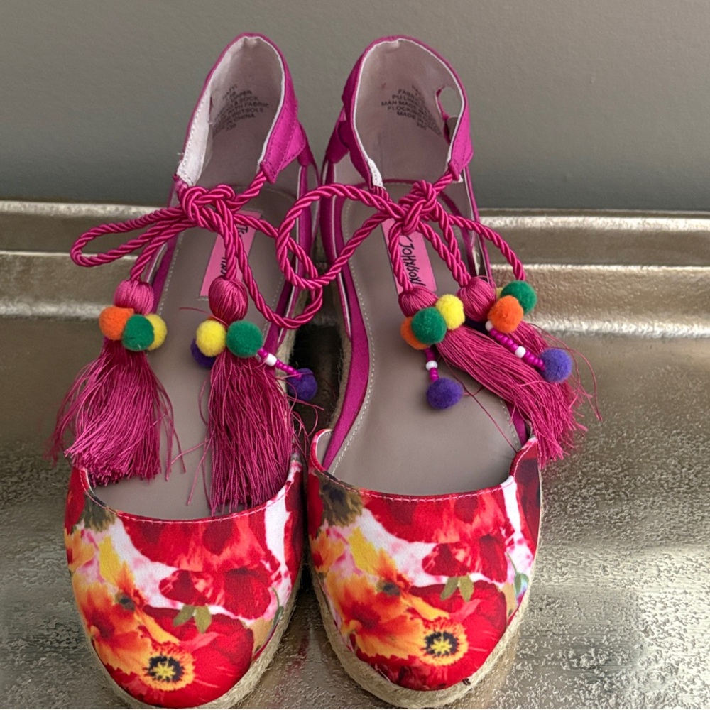 Betsey Johnson Hot Pink Floral Espadrille Wedges with Pom Tassel Ties
